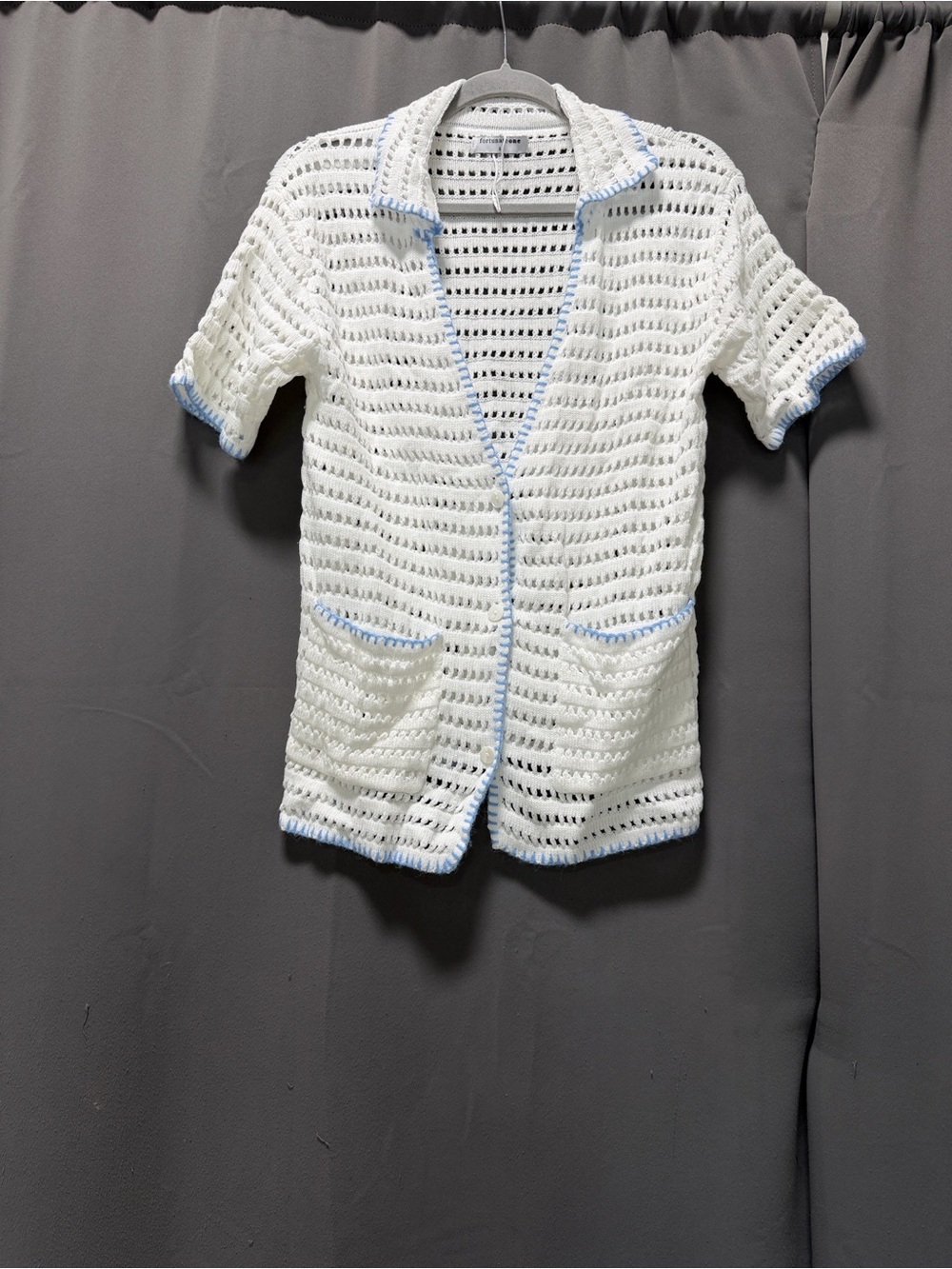 White Crochet Open-Front Cardigan with Light Blue Trim - S